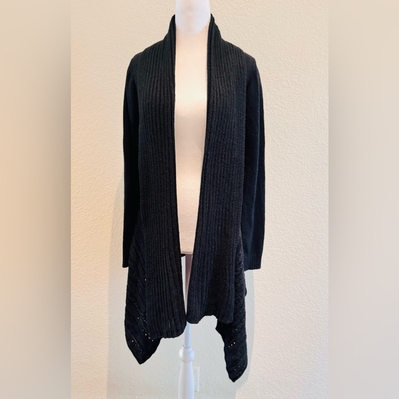 IZ Byer Ribbed Open Drape Front Asymmetrical Cardigan – Black, Size Large - Picture 9 of 16
